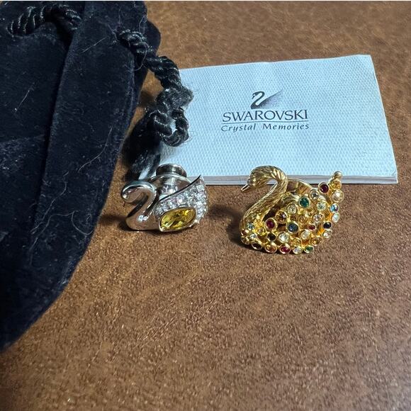 Vintage Swarovski Swan Lapel Tac Pins Gold Silver Rainbow Yellow Crystals Brooch - Picture 4 of 6